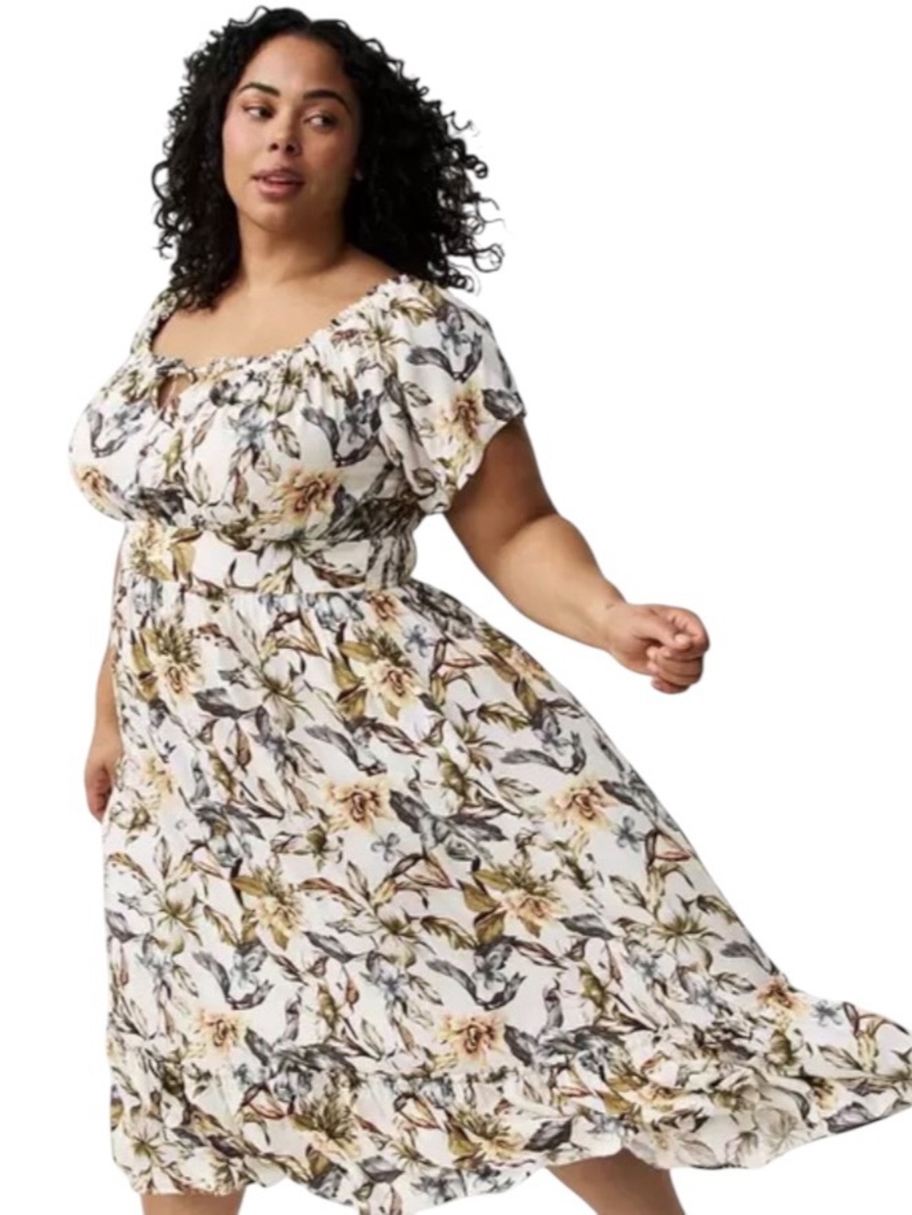 Torrid Floral Washable Challis Off-Shoulder Midi Tea Dress Boho Fall Cottagecore